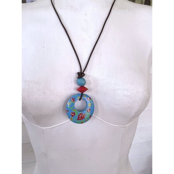 Vintage 1980s Flower Painted Wood Pendant Earrings Set - Picture 7 of 8